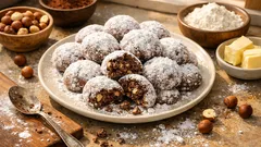 Chocolate Hazelnut Snowball Cookies – buttery cocoa biscuits dusted in icing sugar