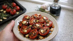 Slow roasted vine tomatoes with garlic and thyme