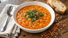 Simple red lentil soup with carrots and leeks