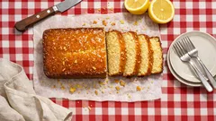 Classic lemon drizzle loaf cake with crisp topping