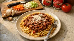 Big batch slow-simmered beef bolognese sauce