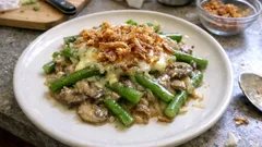 Green bean casserole from scratch – creamy mushroom sauce and crispy fried shallots