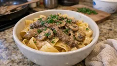 Creamy beef stroganoff with mushrooms and mustard
