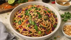 Spicy Thai Spaghetti Salad with creamy peanut dressing (perfect for picnics)