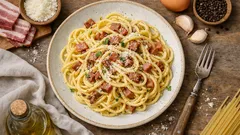 Classic spaghetti carbonara with pancetta and pecorino