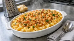 Baked macaroni cheese with crunchy baguette topping