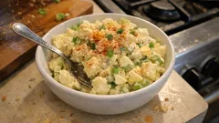 Classic Creamy Potato Salad with Eggs – best when dressed while the potatoes are warm