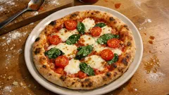 Crispy homemade Pizza Margherita with fresh basil