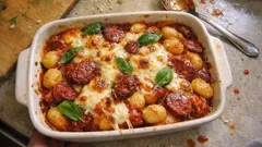 Easy cheesy chorizo mozzarella gnocchi bake